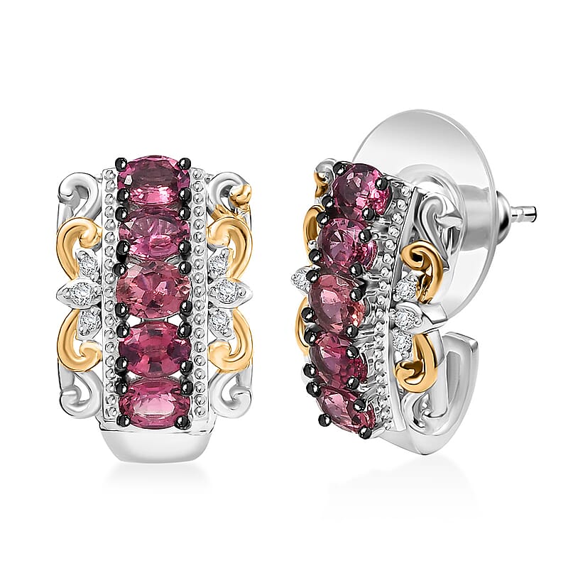 (Do Not Schedule For LS) D'Joy Premium Ouro Fino Rubellite and White Zircon 1.90 ctw Rococo Filigree Earrings in 18K Vermeil YG and Rhodium Over Sterling Silver