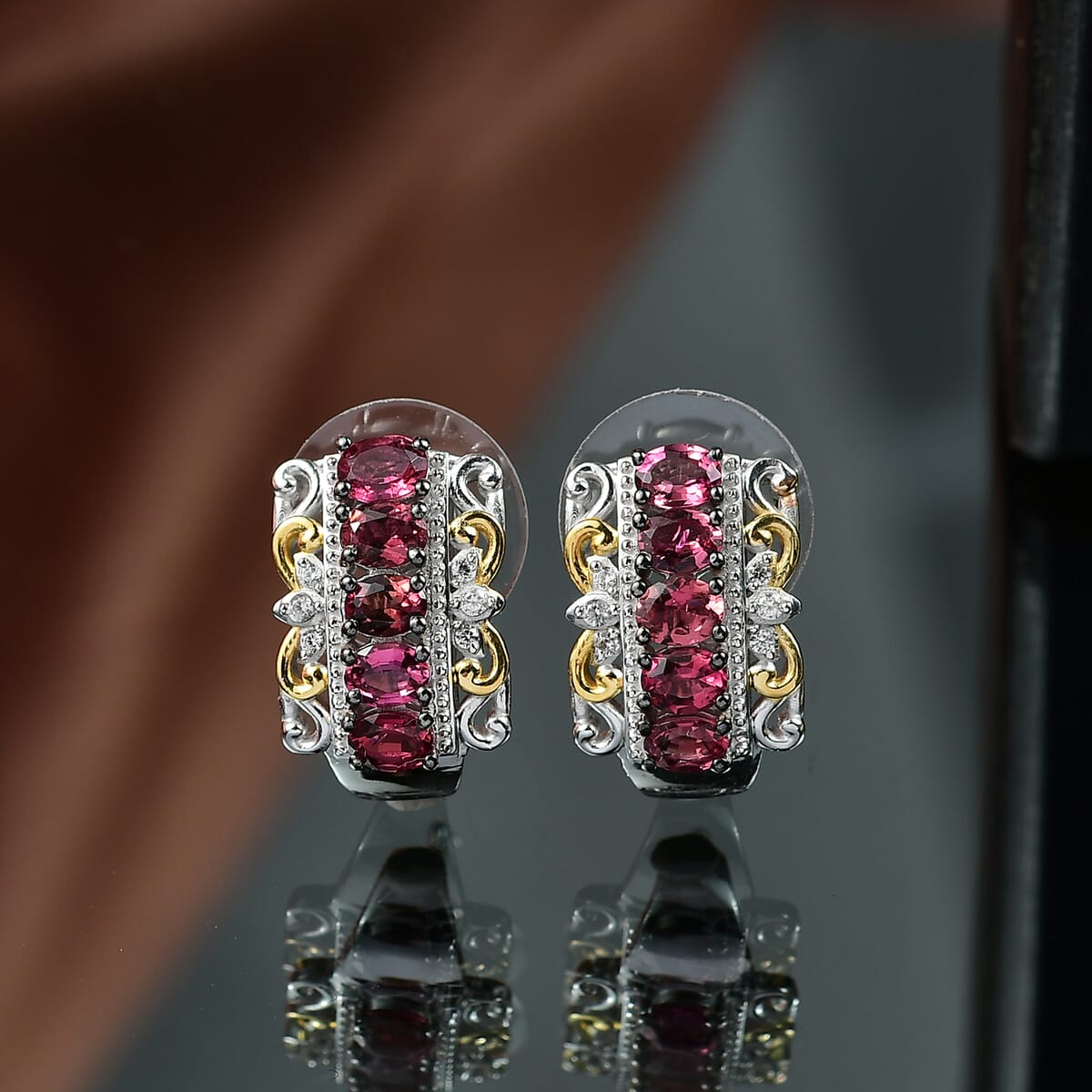 D'Joy Premium Ouro Fino Rubellite and White Zircon 1.90 ctw Hoop Earrings in 18K Vermeil YG and Rhodium Over Sterling Silver image number 1