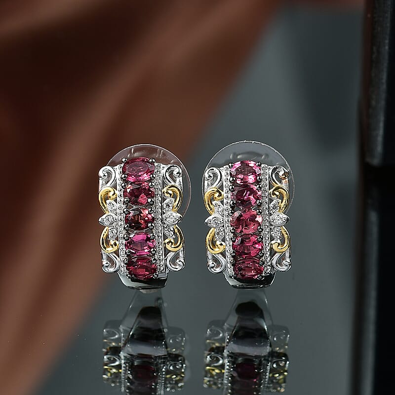 (Do Not Schedule For LS) D'Joy Premium Ouro Fino Rubellite and White Zircon 1.90 ctw Rococo Filigree Earrings in 18K Vermeil YG and Rhodium Over Sterling Silver
