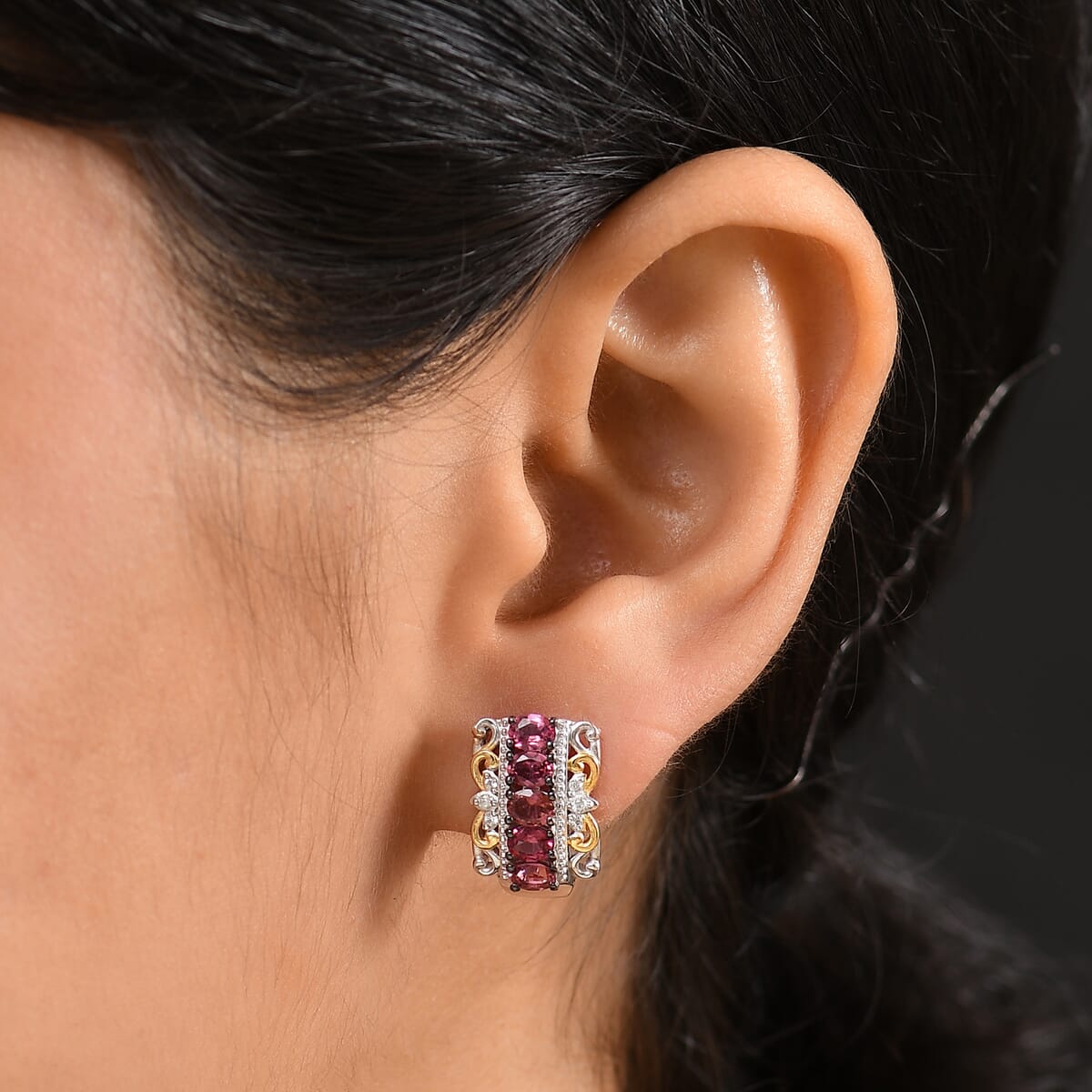D'Joy Premium Ouro Fino Rubellite and White Zircon 1.90 ctw Hoop Earrings in 18K Vermeil YG and Rhodium Over Sterling Silver image number 2