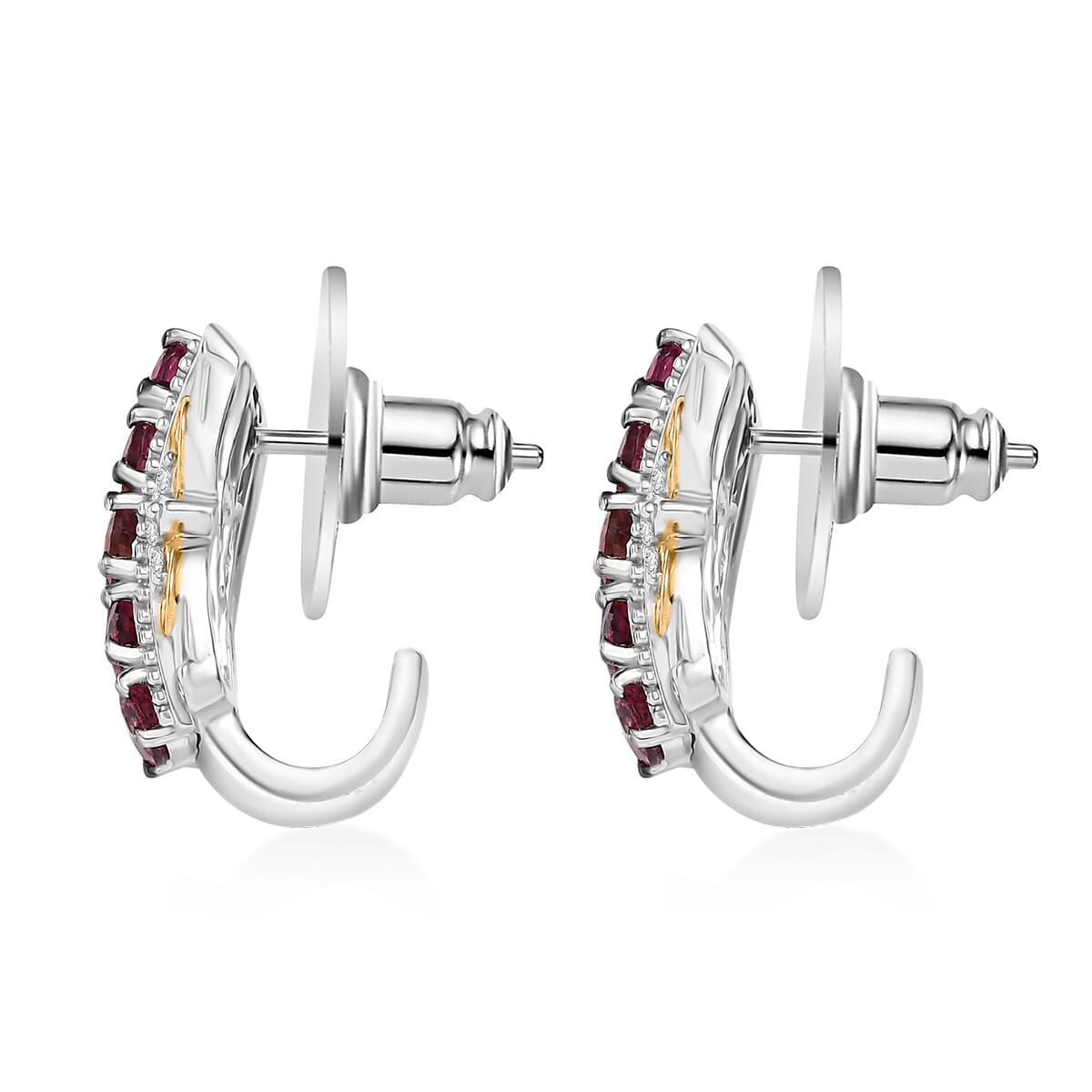 D'Joy Premium Ouro Fino Rubellite and White Zircon 1.90 ctw Hoop Earrings in 18K Vermeil YG and Rhodium Over Sterling Silver image number 3