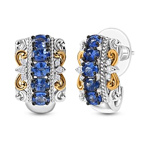 D'Joy Premium Ceylon Blue Sapphire and White Zircon 2.30 ctw Rococo Filigree Earrings in 18K Vermeil YG and Rhodium Over Sterling Silver