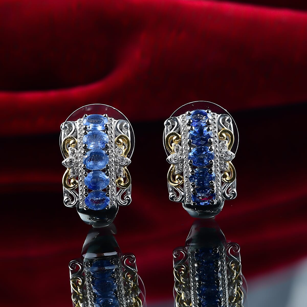 D'Joy Premium Ceylon Blue Sapphire and White Zircon 2.30 ctw Rococo Filigree Earrings in 18K Vermeil YG and Rhodium Over Sterling Silver image number 1