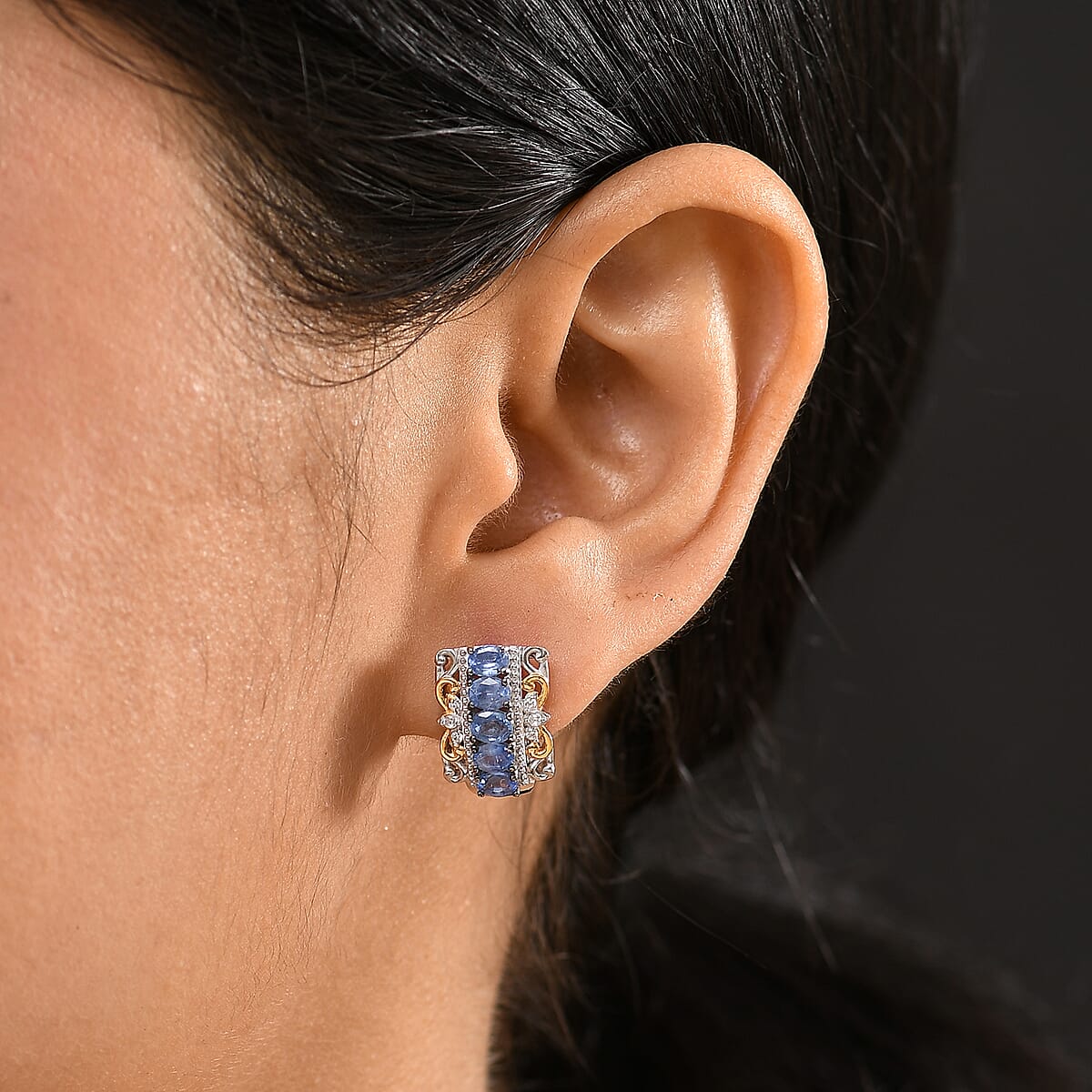D'Joy Premium Ceylon Blue Sapphire and White Zircon 2.30 ctw Rococo Filigree Earrings in 18K Vermeil YG and Rhodium Over Sterling Silver image number 2