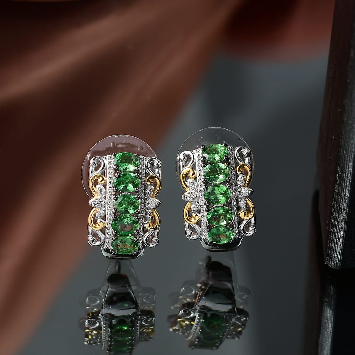 D'Joy Tsavorite Garnet and White Zircon 1.90 ctw Hoop Earrings in 18K Vermeil YG and Rhodium Over Sterling Silver image number 1