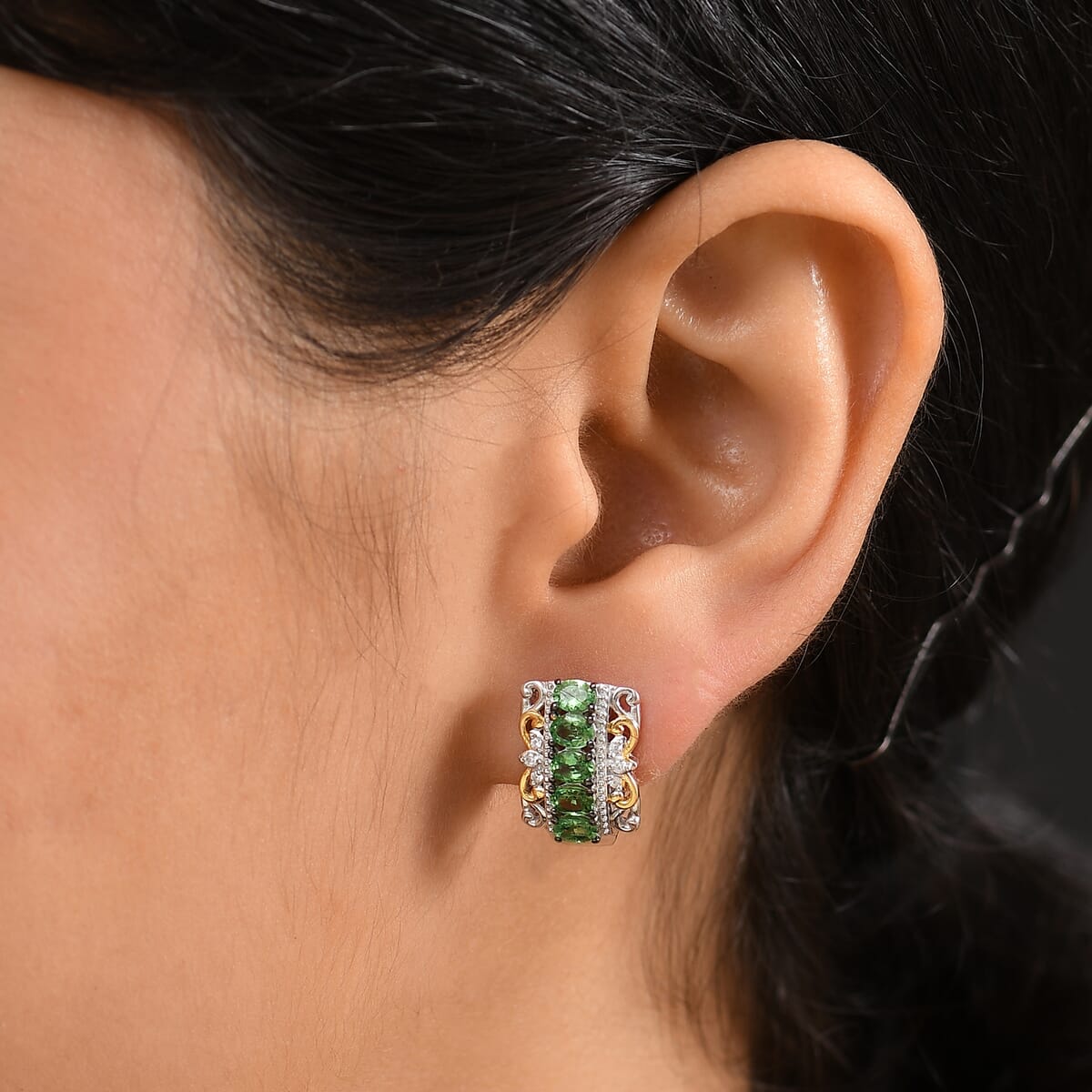 D'Joy Tsavorite Garnet and White Zircon 1.90 ctw Hoop Earrings in 18K Vermeil YG and Rhodium Over Sterling Silver image number 2