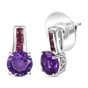 D'Joy African Amethyst and Orissa Rhodolite Garnet 2.80 ctw Earrings in Rhodium Over Sterling Silver