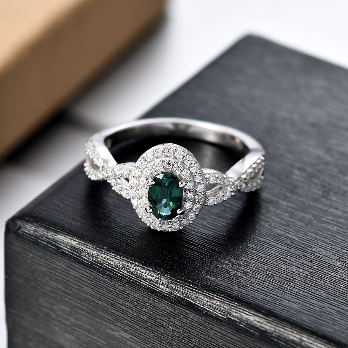 D'Joy Premium Pirineu Lagoon Tourmaline and Moissanite 1.00 ctw Infinity Halo Ring in Rhodium Over Sterling Silver (Size 6.0) image number 1