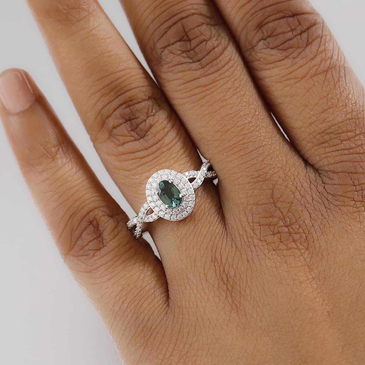 D'Joy Premium Pirineu Lagoon Tourmaline and Moissanite 1.00 ctw Infinity Halo Ring in Rhodium Over Sterling Silver (Size 6.0) image number 2