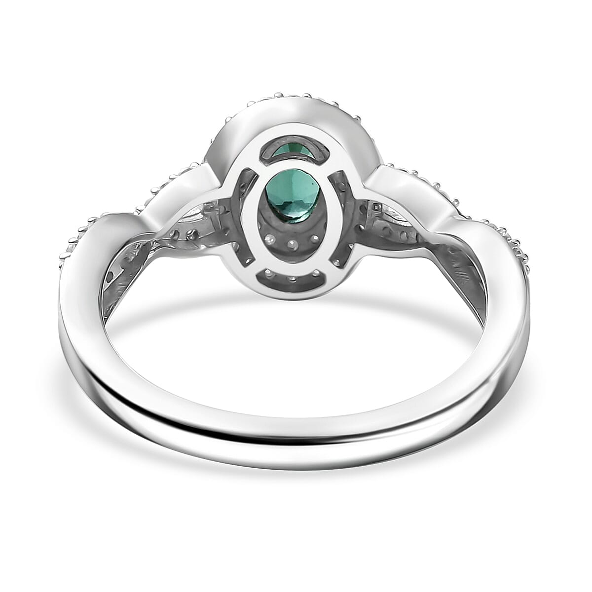 D'Joy Premium Pirineu Lagoon Tourmaline and Moissanite 1.00 ctw Infinity Halo Ring in Rhodium Over Sterling Silver (Size 6.0)