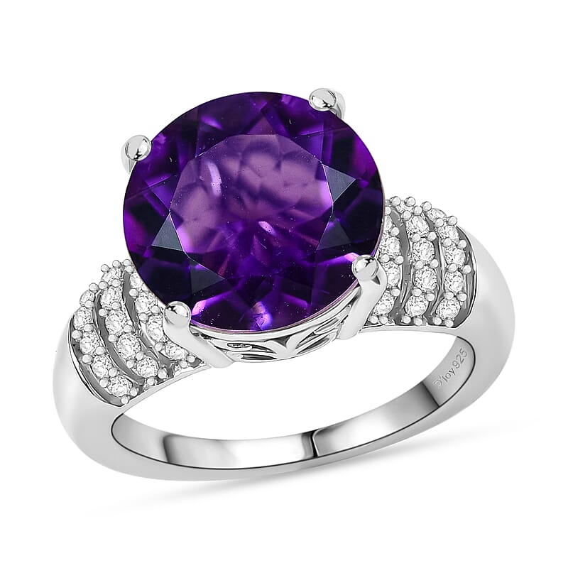 D'Joy African Amethyst and White Zircon 6.50 ctw Ring in Rhodium Over Sterling Silver (Size 10.0)