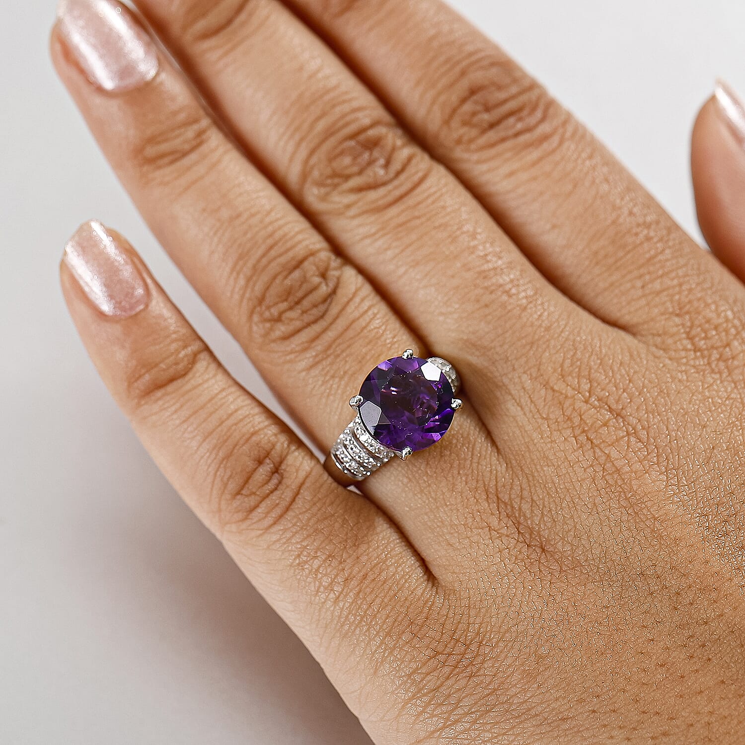 D'Joy African Amethyst and White Zircon 6.50 ctw Ring in Rhodium Over Sterling Silver (Size 10.0)