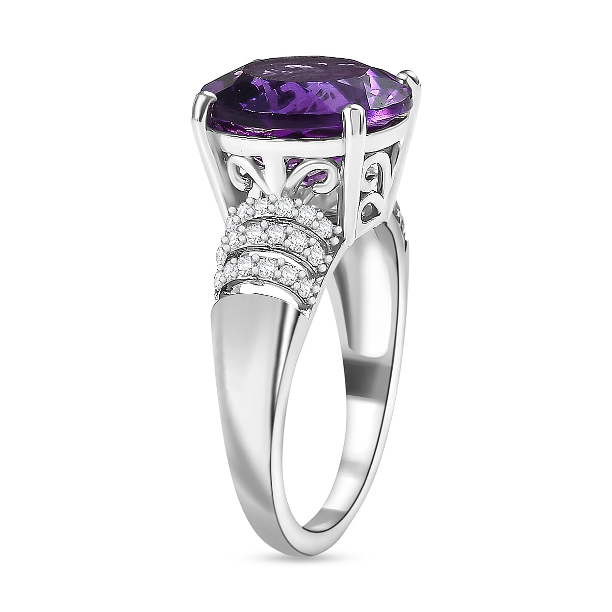 D'Joy African Amethyst and White Zircon 6.50 ctw Ring in Rhodium Over Sterling Silver (Size 10.0)