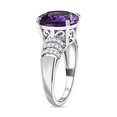 D'Joy African Amethyst and White Zircon 6.50 ctw Ring in Rhodium Over Sterling Silver (Size 10.0)