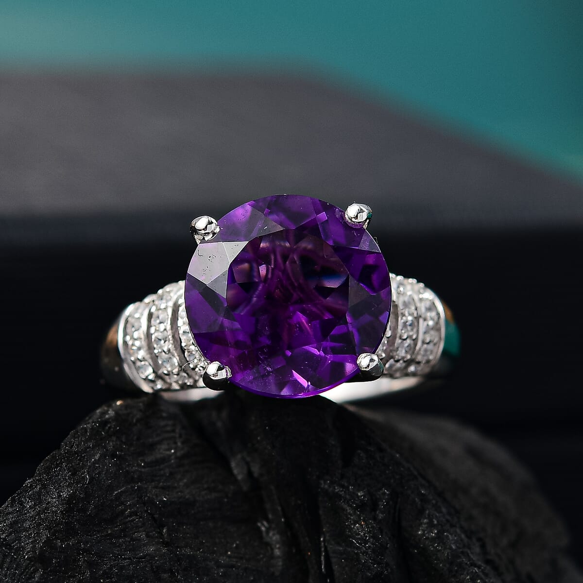 African Amethyst and White Zircon 6.50 ctw Ring in Rhodium Over Sterling Silver (Size 6.0) image number 1