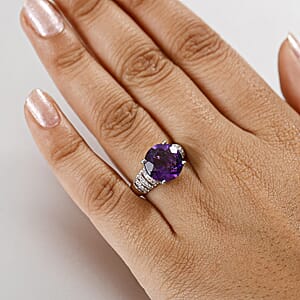 D'Joy African Amethyst and White Zircon 6.50 ctw Ring in Rhodium Over Sterling Silver (Size 7.0)