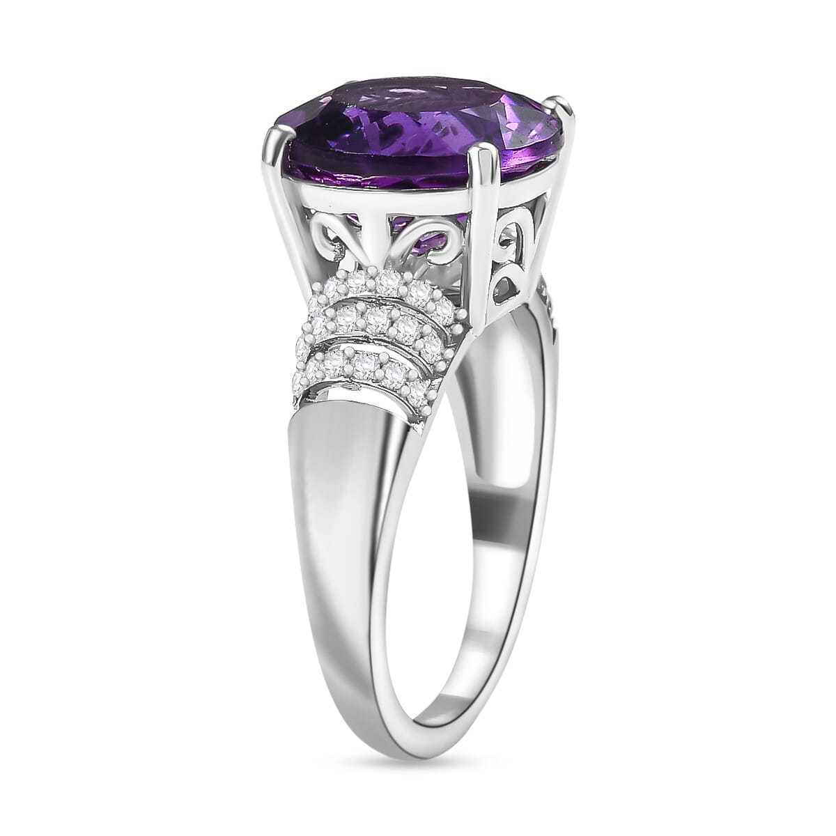 African Amethyst and White Zircon 6.50 ctw Ring in Rhodium Over Sterling Silver (Size 7.0) image number 3