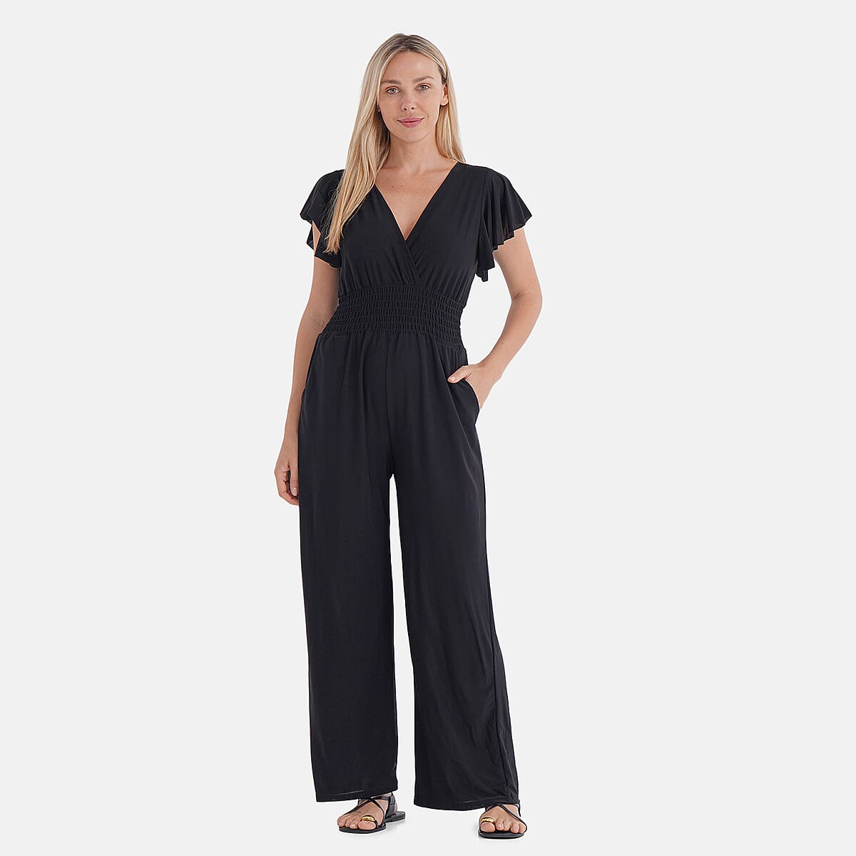 TAMSY Onyx Smocked Jumpsuit with Flutter Sleeve - One size Fits Most image number 0