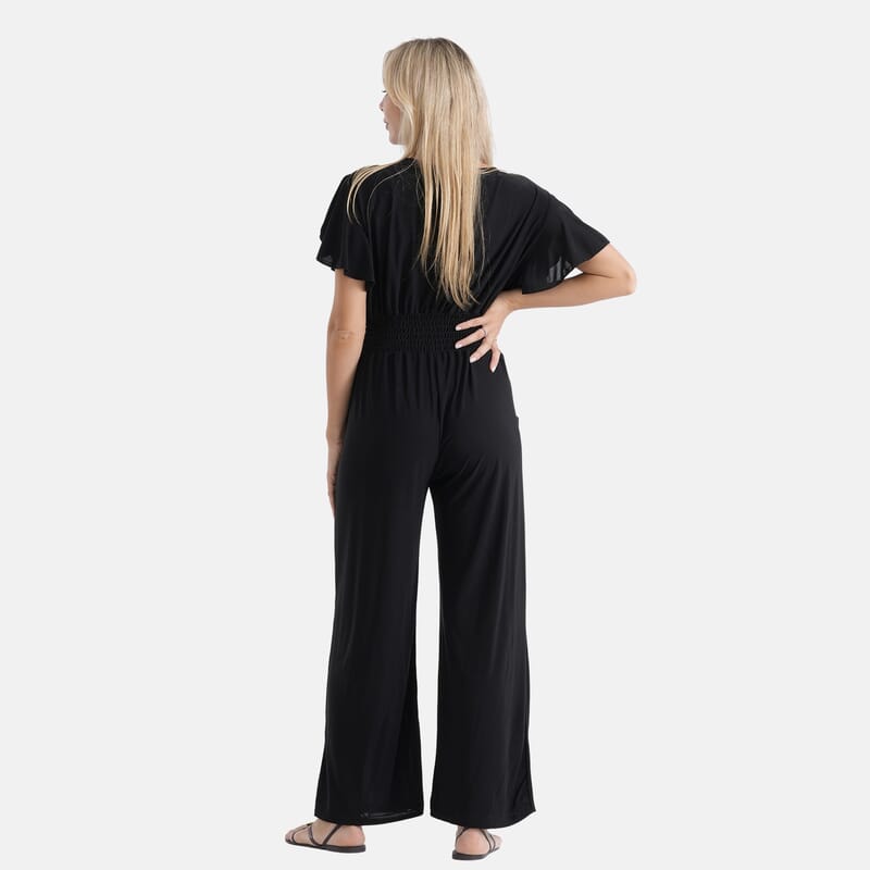 La Marey Onyx Smocked Jumpsuit with Flutter Sleeve - One Size Fits Most