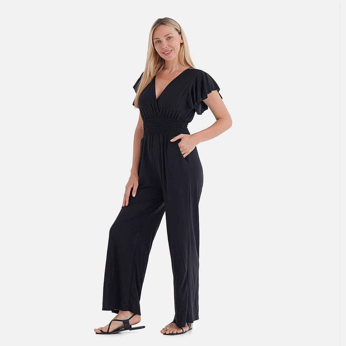 TAMSY Onyx Smocked Jumpsuit with Flutter Sleeve - One size Fits Most image number 2