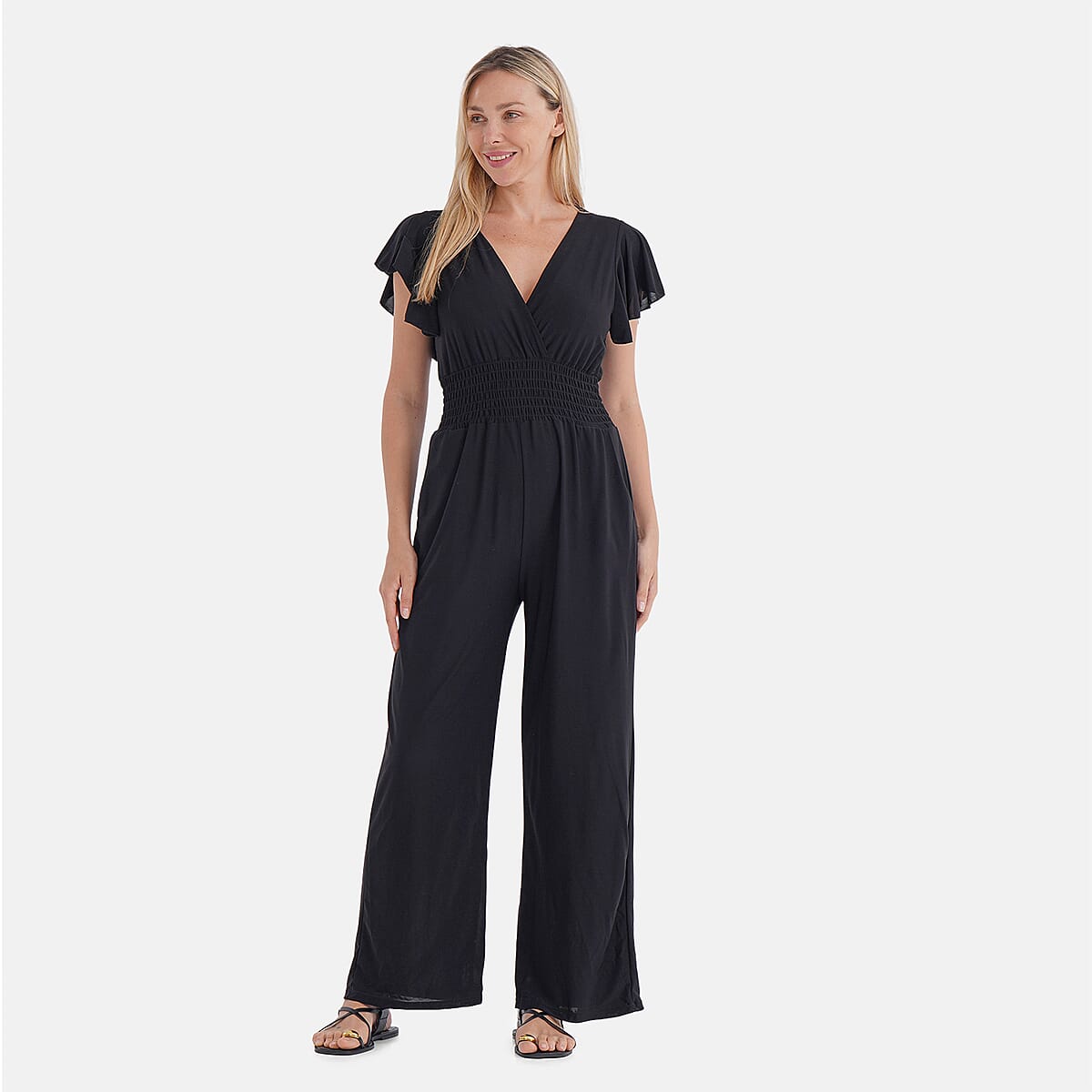 TAMSY Onyx Smocked Jumpsuit with Flutter Sleeve - One size Fits Most image number 3