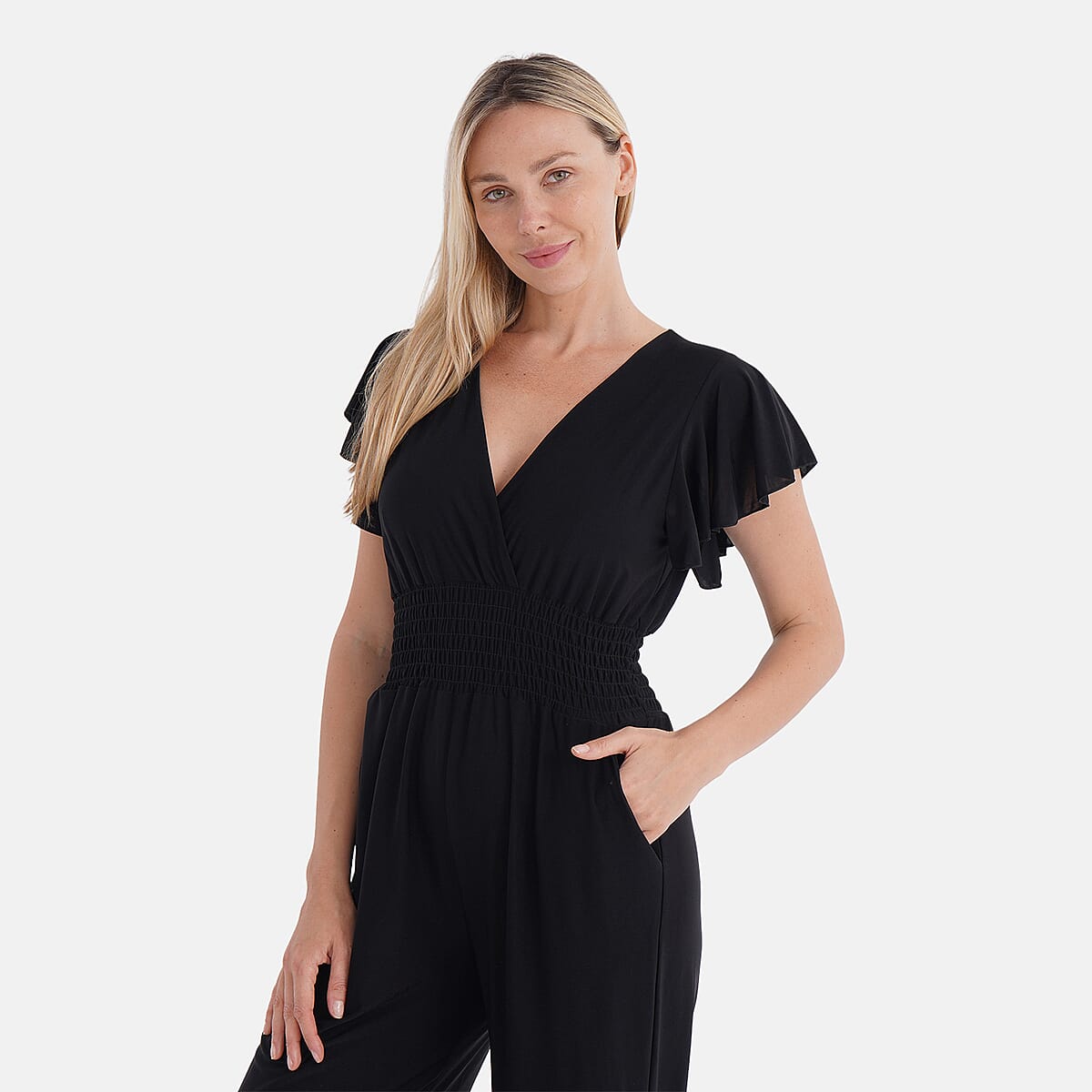 TAMSY Onyx Smocked Jumpsuit with Flutter Sleeve - One size Fits Most image number 4