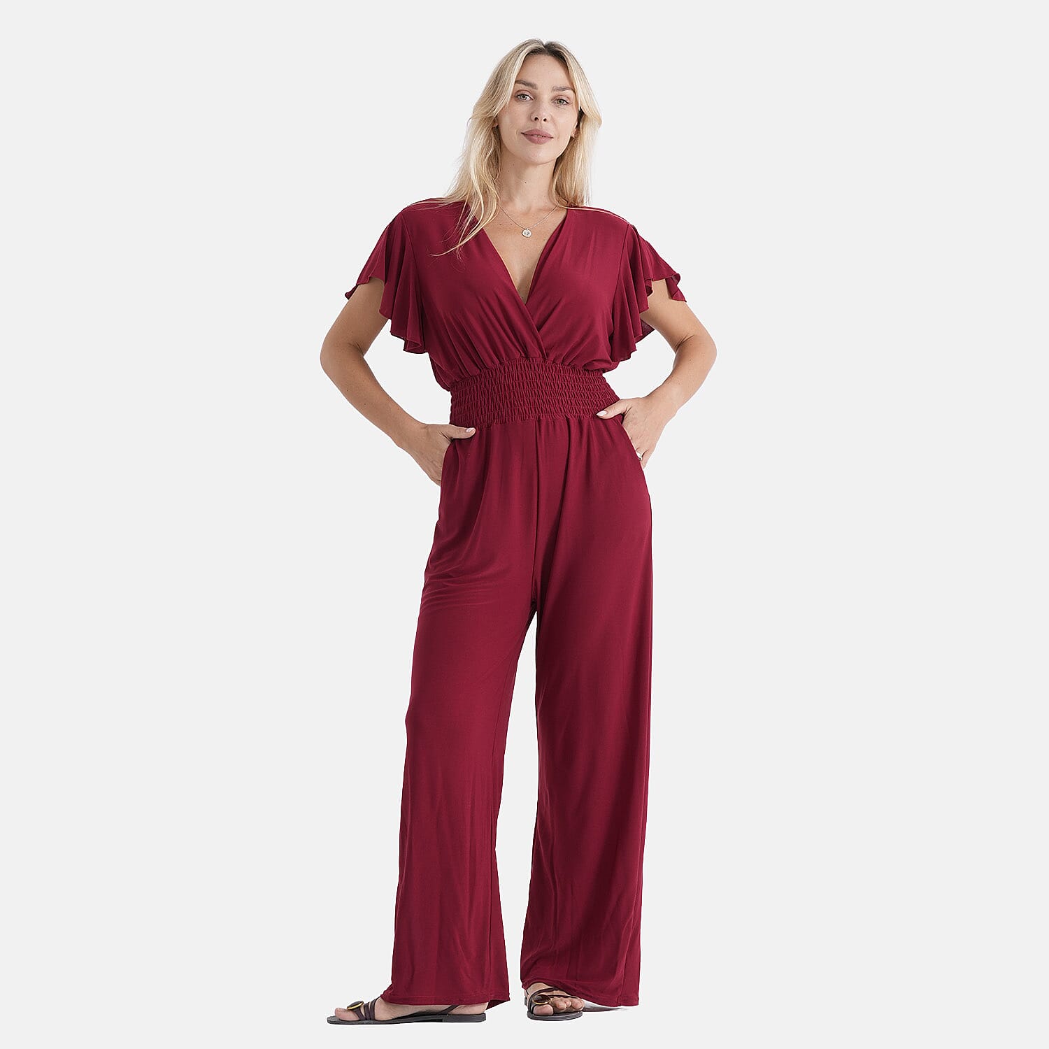 TAMSY Onyx Smocked Jumpsuit with Flutter Sleeve - One size Fits Most