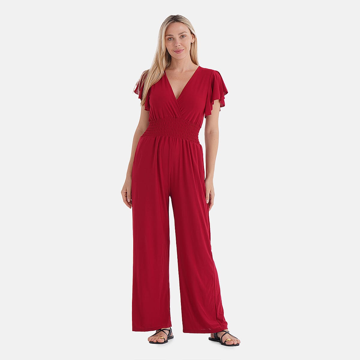 TAMSY Ruby Smocked Jumpsuit with Flutter Sleeve - One size Fits Most image number 0
