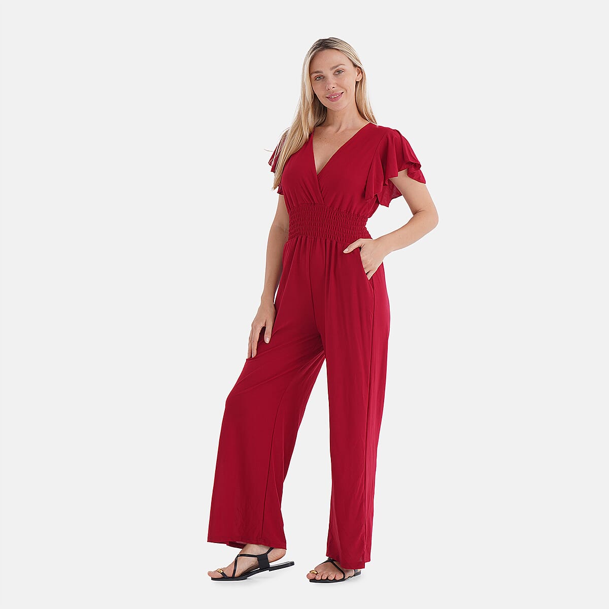TAMSY Ruby Smocked Jumpsuit with Flutter Sleeve - One size Fits Most image number 2