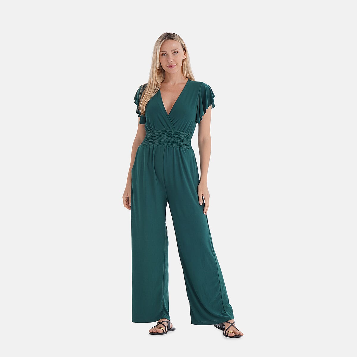 TAMSY Emerald Smocked Jumpsuit with Flutter Sleeve - One size Fits Most image number 0