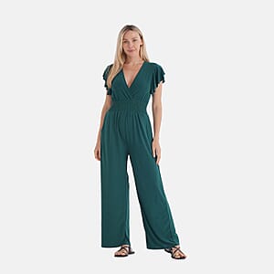 TAMSY Emerald Smocked Jumpsuit with Flutter Sleeve - One size Fits Most