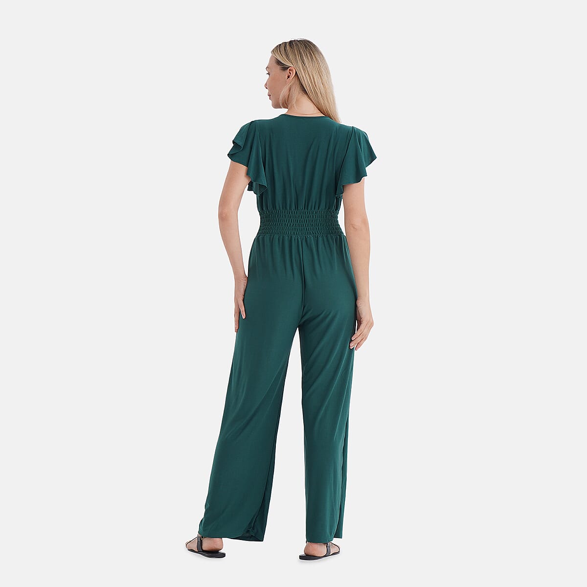 TAMSY Emerald Smocked Jumpsuit with Flutter Sleeve - One size Fits Most image number 1
