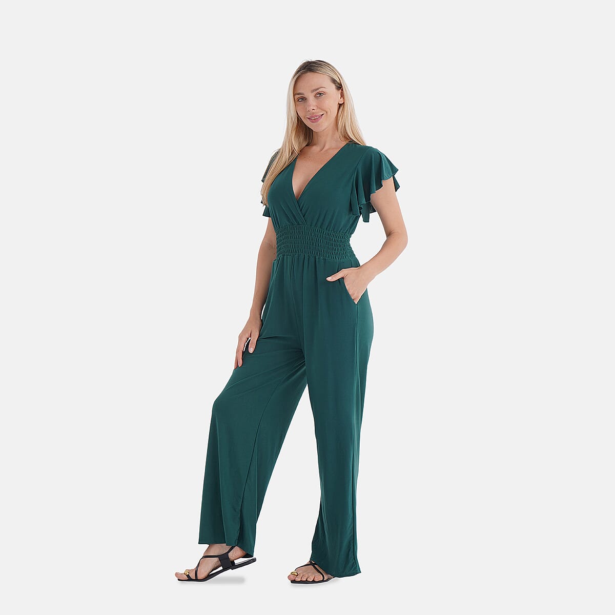 TAMSY Emerald Smocked Jumpsuit with Flutter Sleeve - One size Fits Most image number 2
