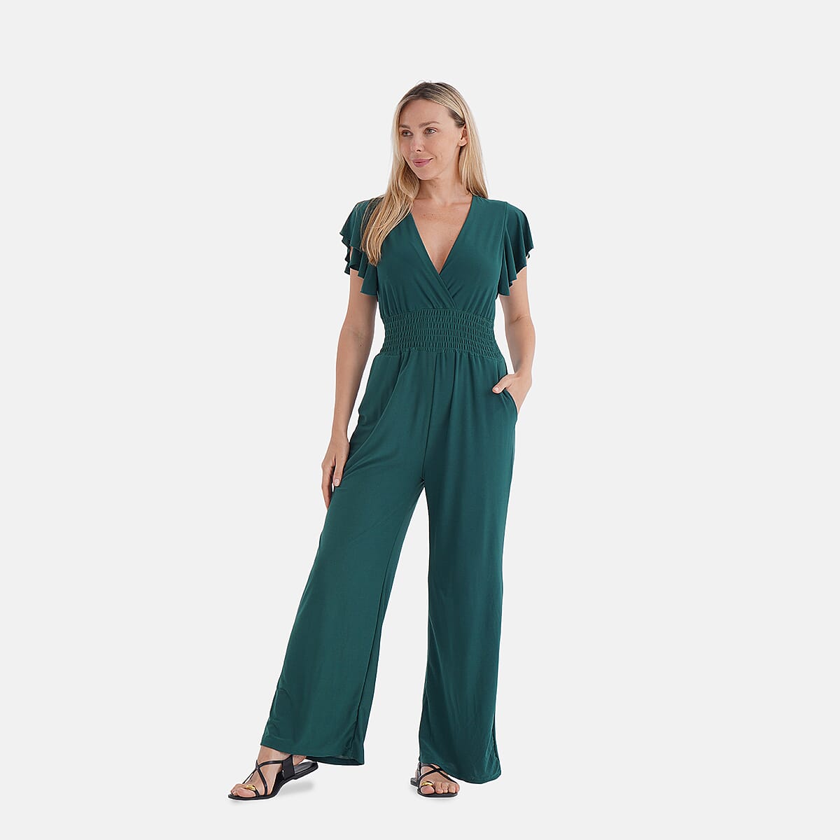 TAMSY Emerald Smocked Jumpsuit with Flutter Sleeve - One size Fits Most image number 3