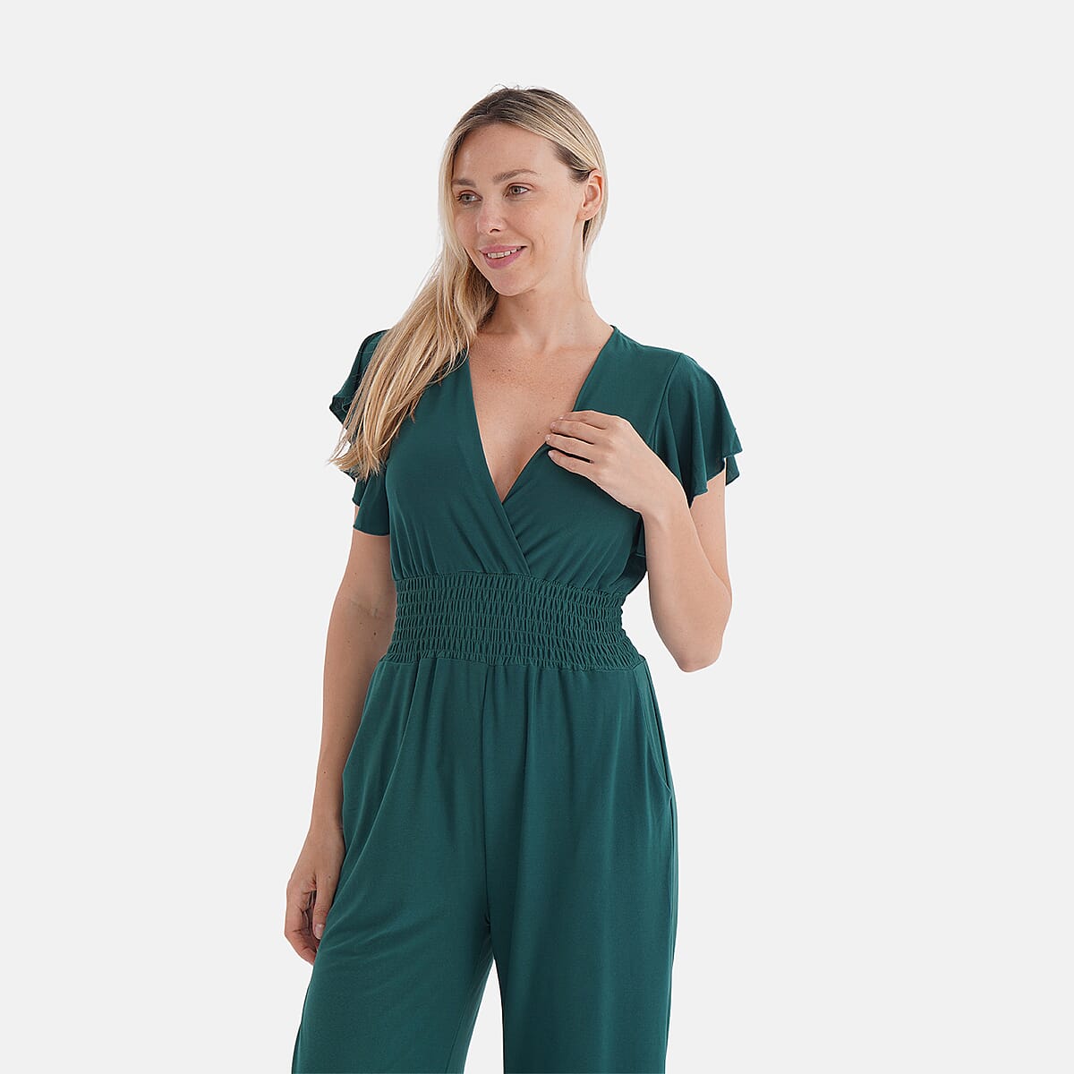 TAMSY Emerald Smocked Jumpsuit with Flutter Sleeve - One size Fits Most image number 4