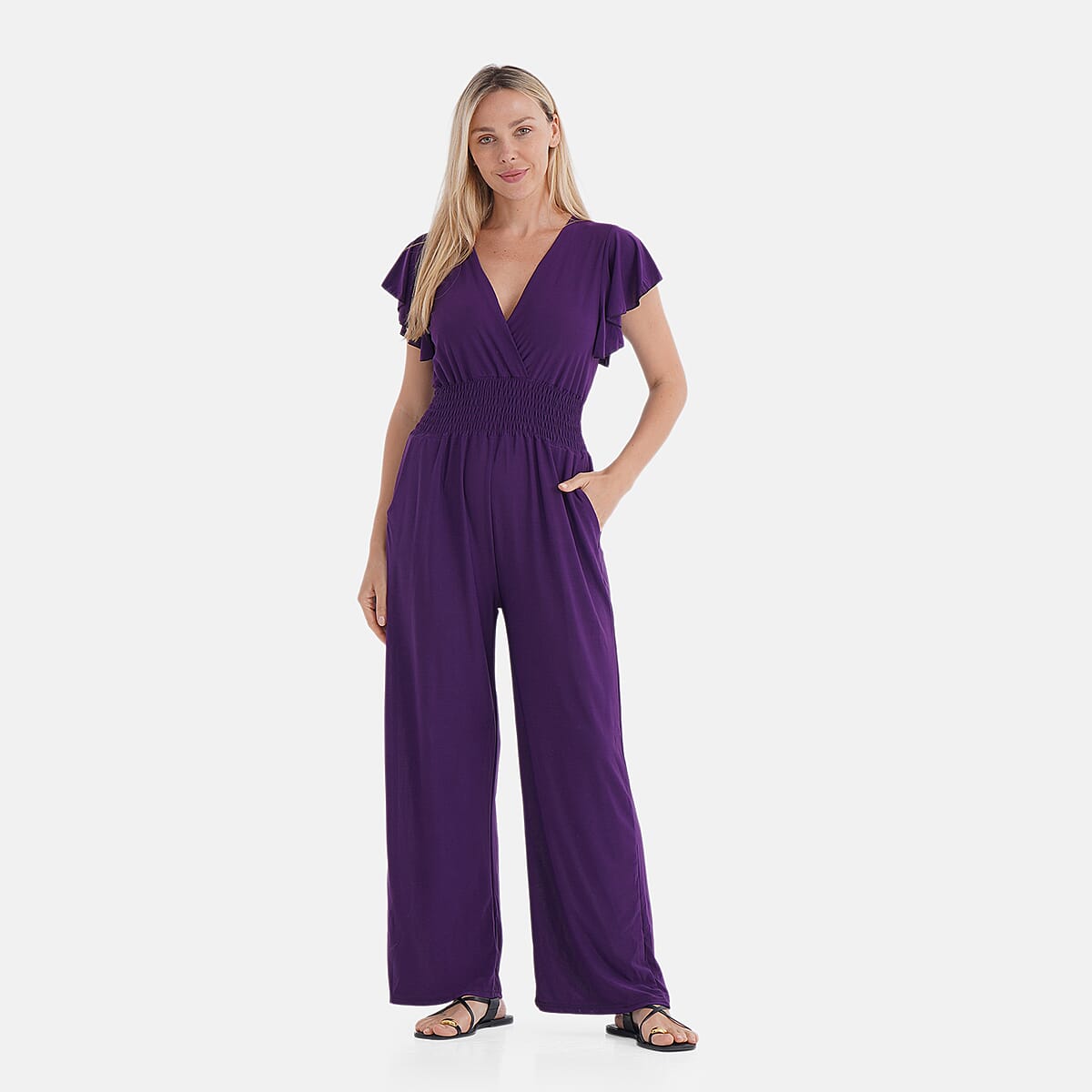 TAMSY Amethyst Smocked Jumpsuit with Flutter Sleeve - One Size Fits Most image number 0
