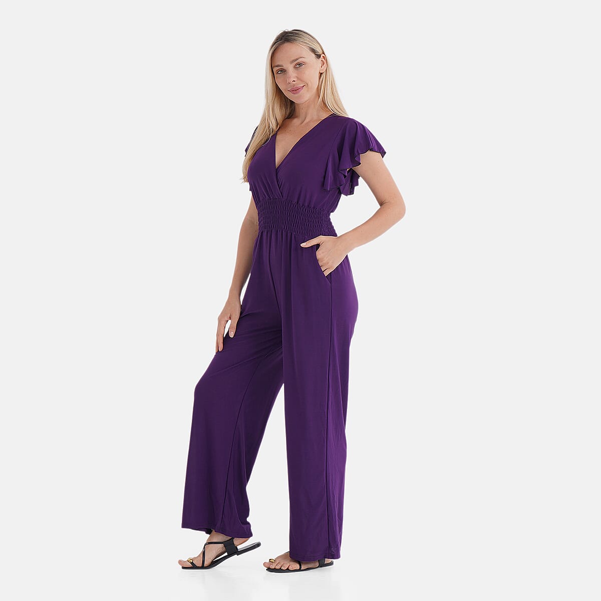 TAMSY Amethyst Smocked Jumpsuit with Flutter Sleeve - One Size Fits Most image number 2