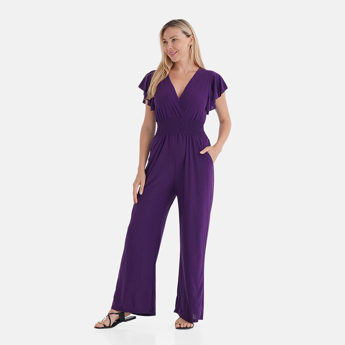 TAMSY Amethyst Smocked Jumpsuit with Flutter Sleeve - One Size Fits Most image number 3