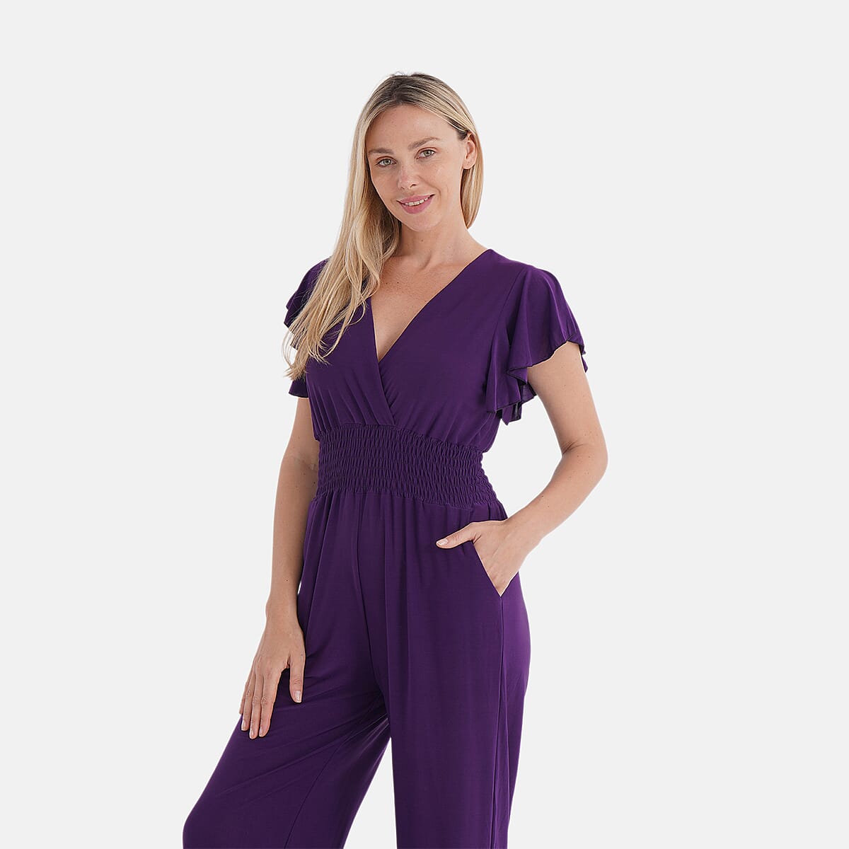 TAMSY Amethyst Smocked Jumpsuit with Flutter Sleeve - One Size Fits Most image number 4