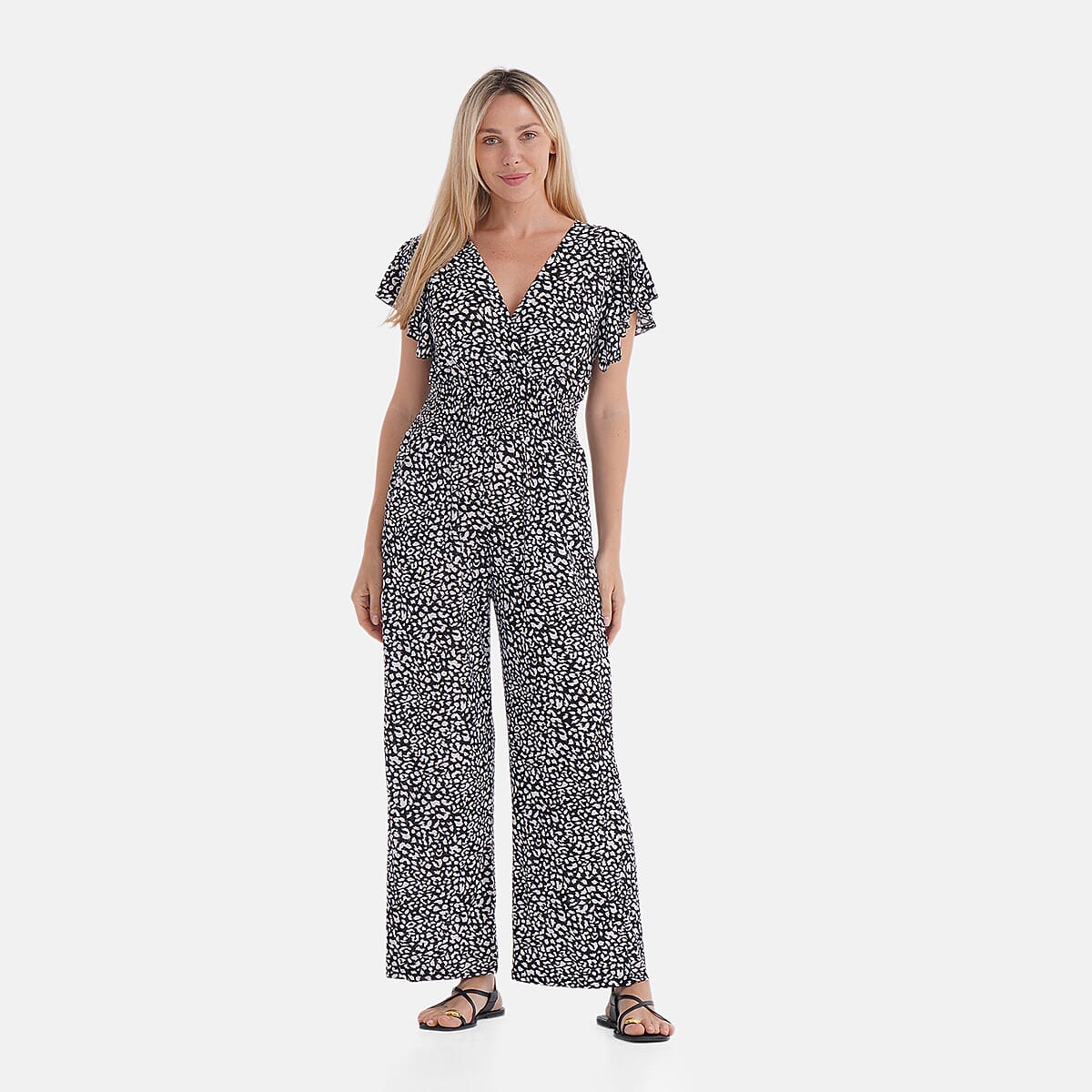 TAMSY Black Leopard Smocked Jumpsuit with Flutter Sleeve - One size Fits Most image number 0
