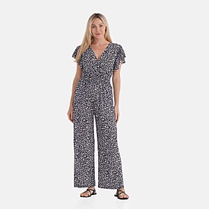 TAMSY Black Leopard Smocked Jumpsuit with Flutter Sleeve - One size Fits Most