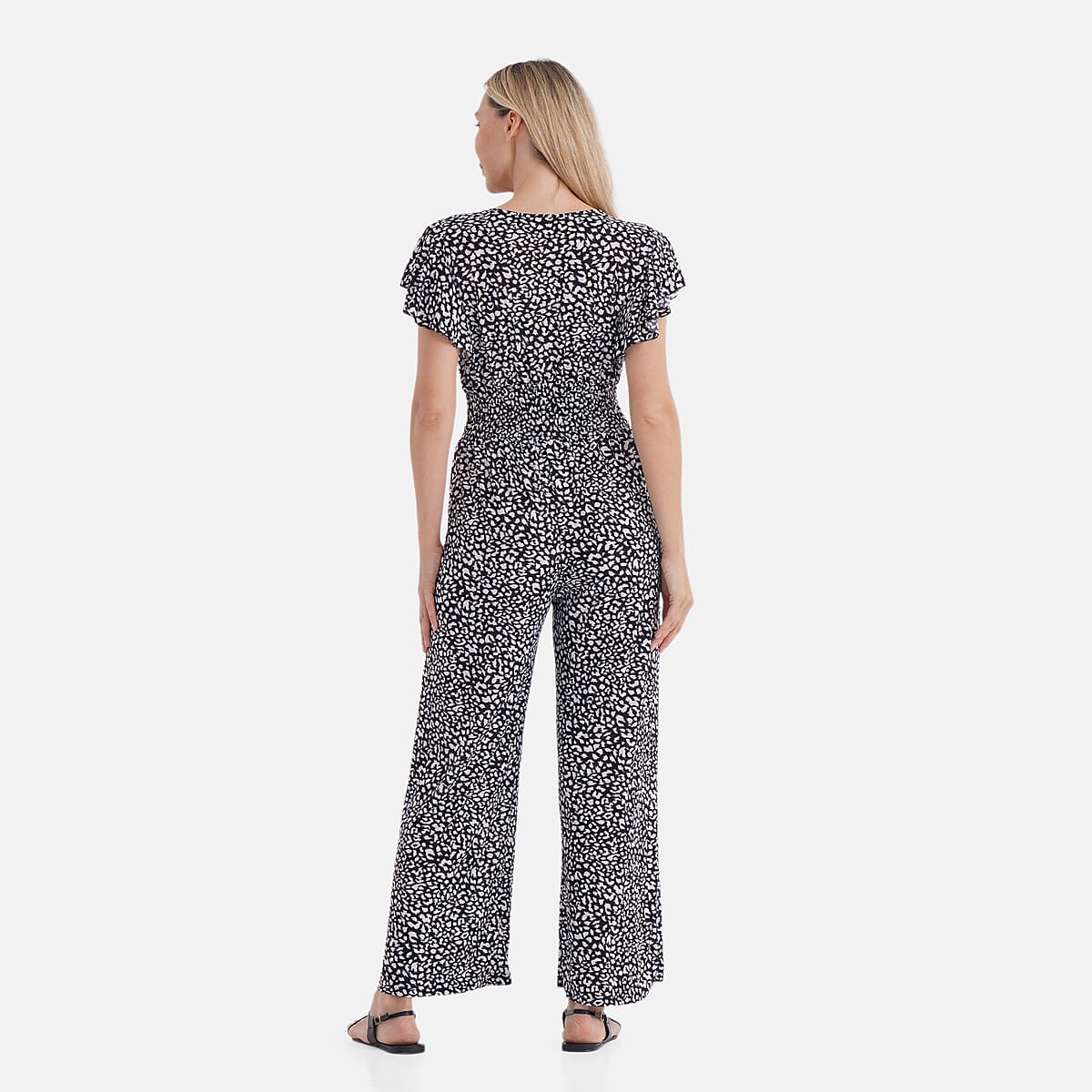 TAMSY Black Leopard Smocked Jumpsuit with Flutter Sleeve - One size Fits Most image number 1