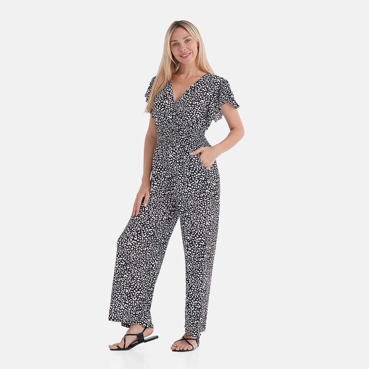 TAMSY Black Leopard Smocked Jumpsuit with Flutter Sleeve - One size Fits Most image number 2