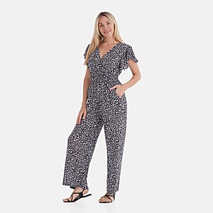 TAMSY Black Leopard Smocked Jumpsuit with Flutter Sleeve - One size Fits Most