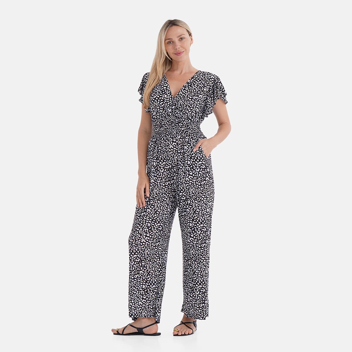 TAMSY Black Leopard Smocked Jumpsuit with Flutter Sleeve - One size Fits Most image number 3