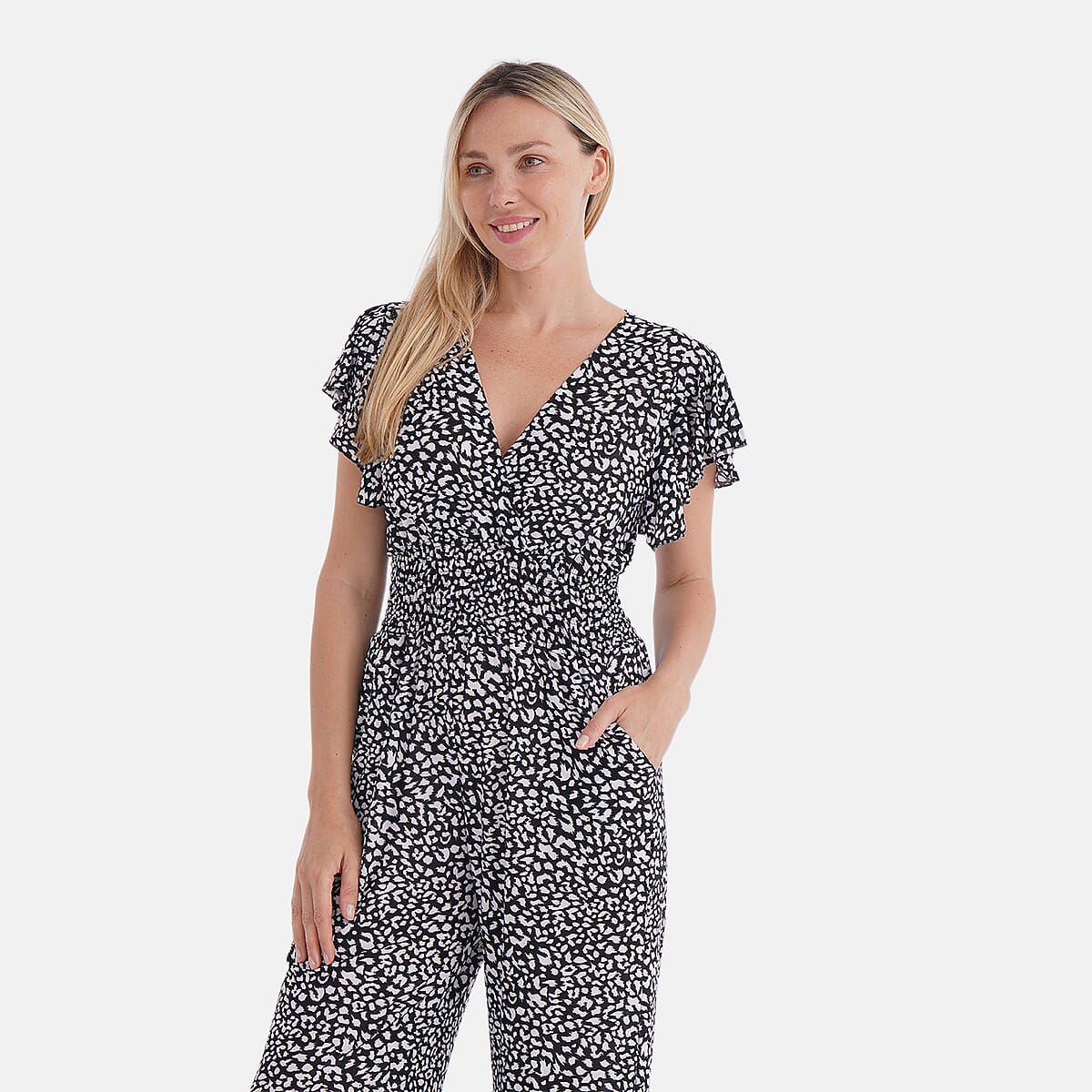 TAMSY Black Leopard Smocked Jumpsuit with Flutter Sleeve - One size Fits Most image number 4