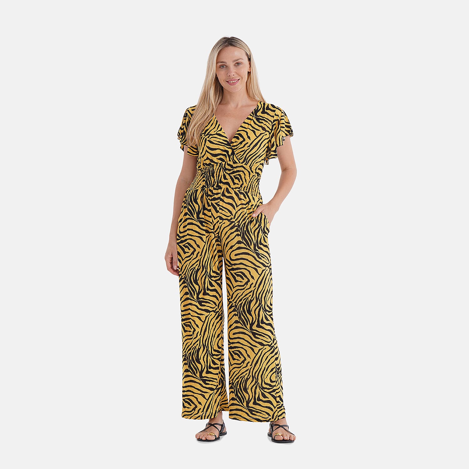 TAMSY Onyx Smocked Jumpsuit with Flutter Sleeve - One size Fits Most