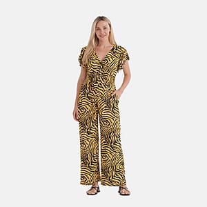 TAMSY Gold Tiger Smocked Jumpsuit with Flutter Sleeve - One size Fits Most