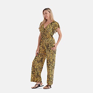 TAMSY Gold Tiger Smocked Jumpsuit with Flutter Sleeve - One size Fits Most