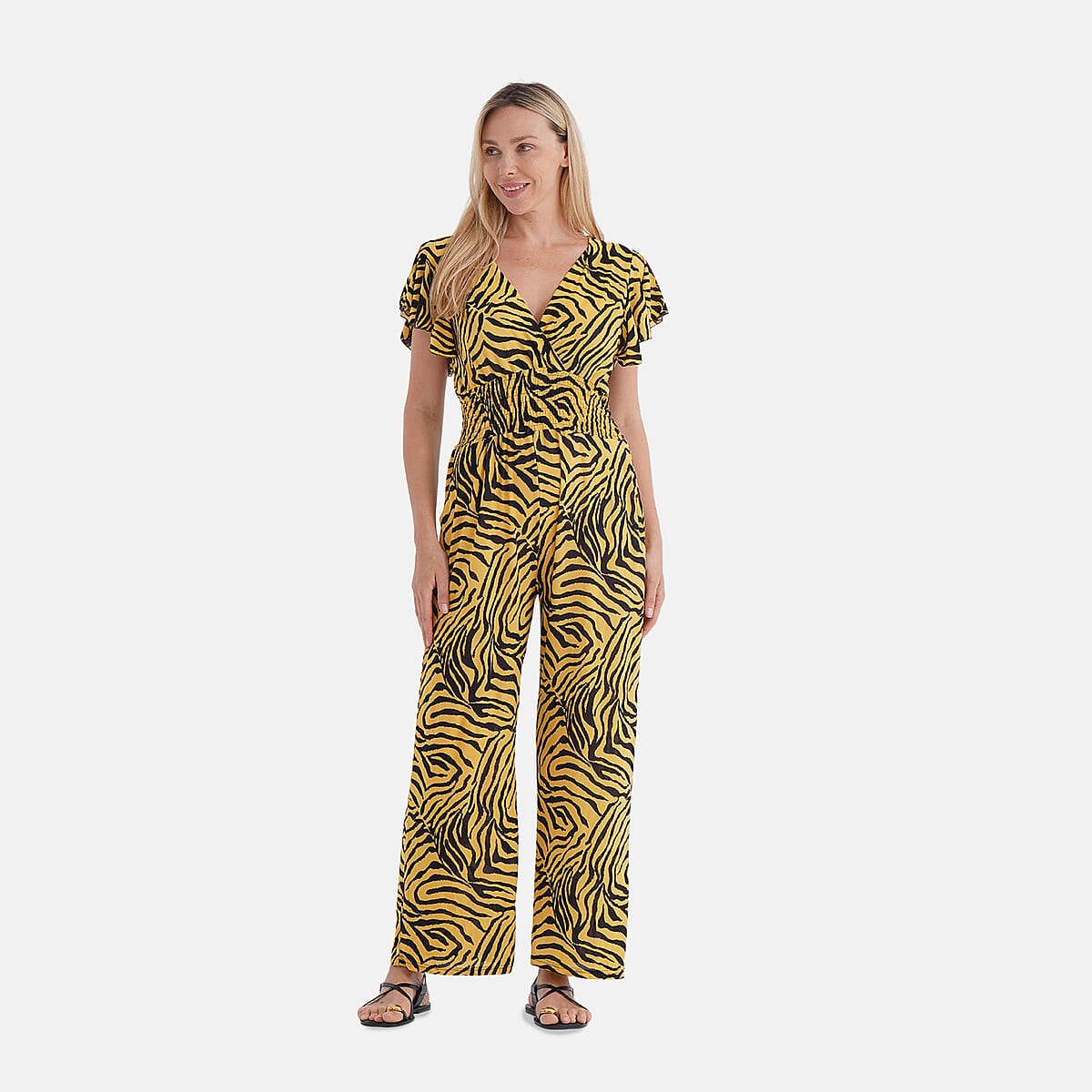 TAMSY Gold Tiger Smocked Jumpsuit with Flutter Sleeve - One size Fits Most image number 3